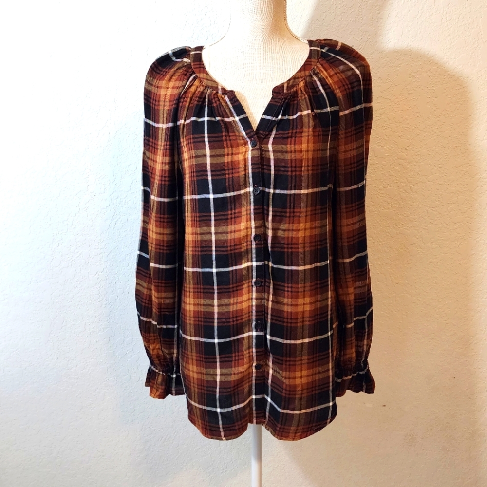 BeachLunchLounge Luna Blouse in Golden Hour Plaid Peasant